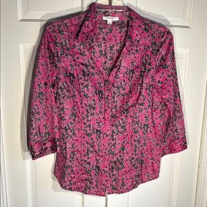 EUC Calvin Klein Pink & Gray Collared Button Cotton Blouse Convertible Sleeve